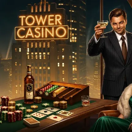 Intérieur feutré du casino Tower, lumière ambrée